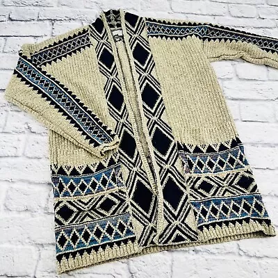 Lucky Brand Tribal Aztec Print Long Open Cardigan Sweater Medium Pockets • $31.15