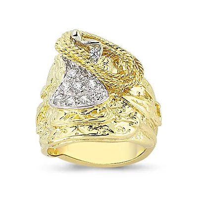 9ct Gold Saddle Ring Heavy Cz Horse Shot Knot Cowboy Buckle Band Boxed • £1149.99