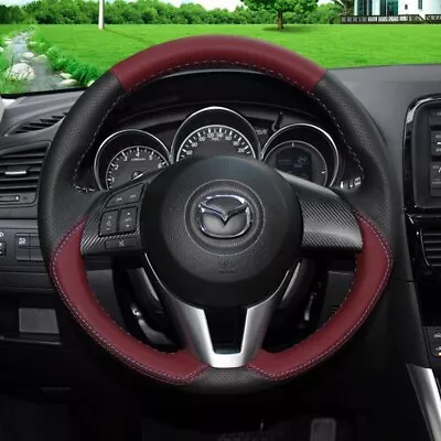 For Mazda CX-5 Atenza Hand Stitch Wine Red Black Leather Steering Wheel Cover • $57.82