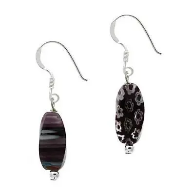 925 Silver Purple Millefiori Murano Glass Bead Dangle Earrings • £9.49