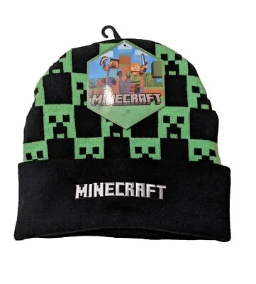 Minecraft Creeper Checkered Cuffed Beanie Hat Black Green Embroidery Embroidered • $15