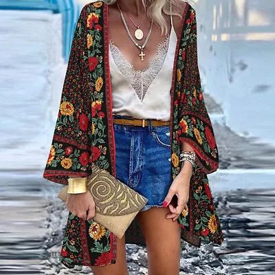 ZANZEA Womens Bohemian Flare Long Sleeve Kimono Coat Spring Hippie Cardigan PLUS • $28.89