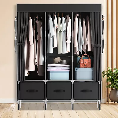 LOEFME 173cm Fabric Canvas Wardrobe Closet Black W/ Hanging Rail 3 Storage Boxes • £29.99