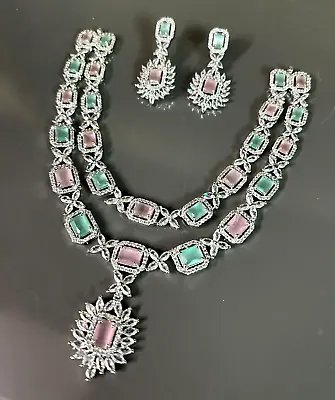 Indian Bollywood Silver Plated Ethnic AD CZ Jewelry Earrings Necklace Bridal Set • $34.70