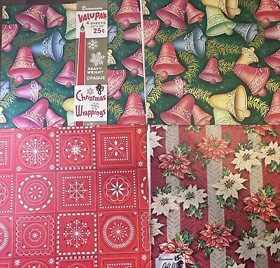 Vtg MCM 1960s Christmas Gift Wrapping Paper Mixed Lot Bells Bandana Poinsettias • $18.18