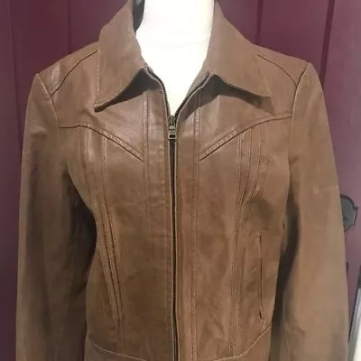 Moda International Leather Jacket Size L Pleated Brown Waist Length Zip Cuffs • $34