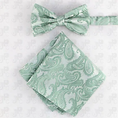 New Men Mint Green BUTTERFLY Bow Tie And Pocket Square Handkerchief Set Wedding • $11.86
