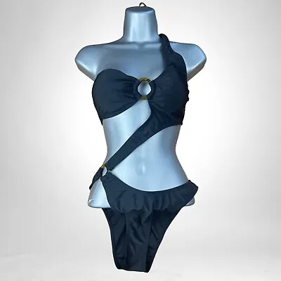Black Cut Out Side Swimsuit D Ring Padded One Shoulder Women's UK Size 8 • £16.95