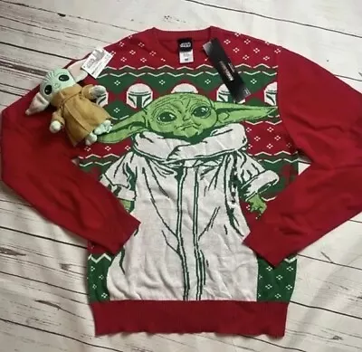 NWT Star Wars Sweater Baby Yoda Ugly Christmas Size Medium Red Green W/Plush Toy • $22.77