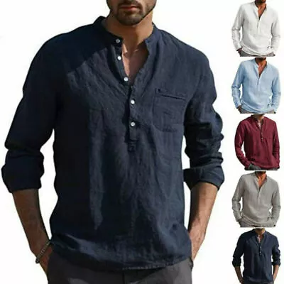 £17.76 • Buy New Men Long Sleeve Henley T-Shirt Button Casual Baggy Grandad Collar Shirts Top