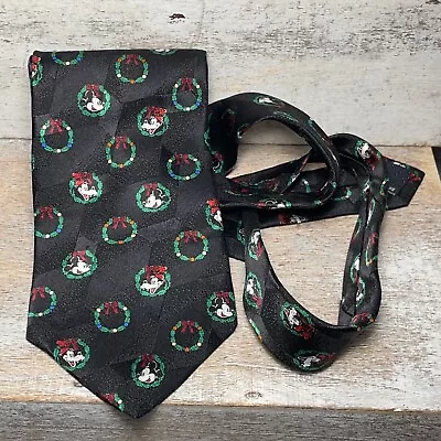 VTG 90's Mickey & Co Christmas Novelty Tie Mickey & Goofy Faces Wreath Black • $5.59