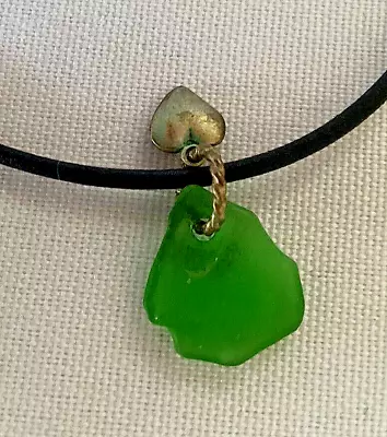 Made N Maui Handmade Green Sea Glass Necklace Heart Pendent Leather Cord Lahaina • $9.99