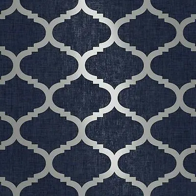 Navy Blue Metallic Wallpaper Silver Geometric Trellis Textured Feature  • £8.99