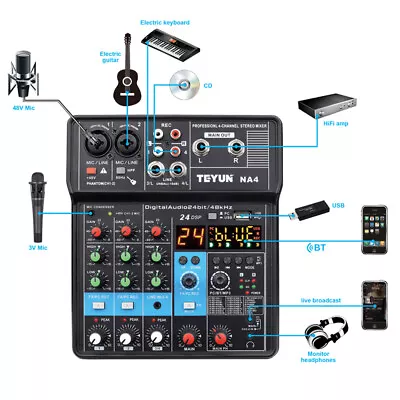 Pro 4 Channel Studio Audio Mixer Bluetooth USB DJ Live Sound Mixing Console • $48.45