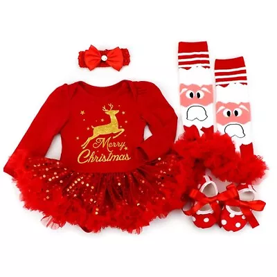 4pcs/set Toddler Baby Infant Girl Christmas Outfit Set Xmas Clothes Gift 3-6 M • £8.99