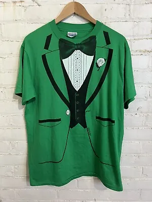 Vintage Tuxedo 80s T-shirt XL Single Stitch Green Vtg Retro Humor Has Spots • $4.50