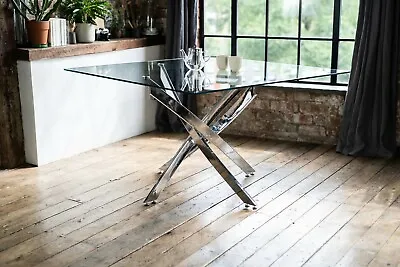 Luna Luxury Glass Dining Table Square 1.2m By 1.2m Seats 4-6 Clear Chrome Modern • £249