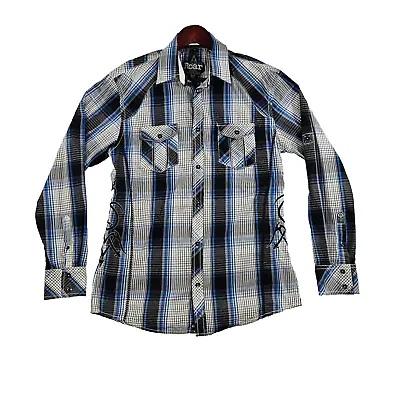 Roar Western Plaid Embroidered Mens Button Down Shirt Long Sleeve Blue Black M • $29.99