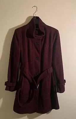 Vintage Liz Claiborne Tweed Wood Blend Belted High Neck Coat Large • $22