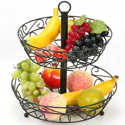 2 Tier Fruit Bowl Tray Countertop Holder Iron Stand Vegetable Snack Storage Rack • $18