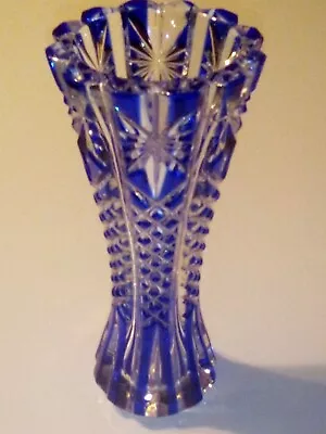 £19.76 • Buy  Bohemian Cobalt Blue Cut To Clear Vase Diamond Corset POLAND 24 %Pb0 