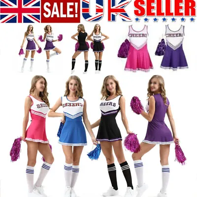 Cheerleader Fancy Dress Outfit Uniform High School Cheer Costume W/ Pom Poms Uk • £15.99