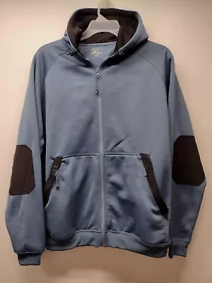 Cabelas Guidewear Zip Hooded Jacket XL Blue Fleece Lined Elbow Patch Poly/Cotton • $54.99