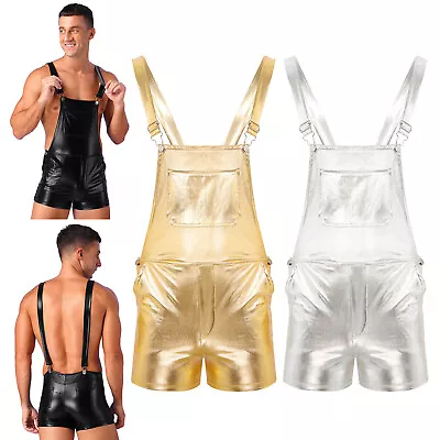 Mens Metallic Dungarees Overall Suspender Shorts Hot Pants Raves Party Clubwear • £5.51