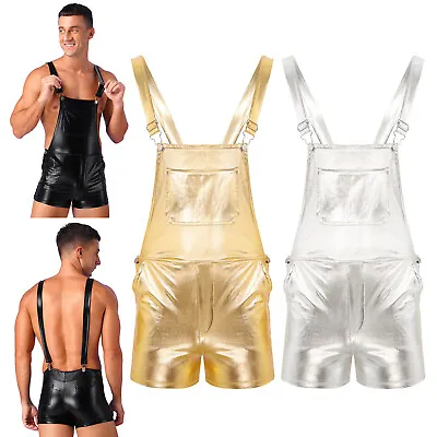 Men's Shiny Metallic Dungarees Bib Overalls Suspender Shorts Hot Pants Clubwear • £5.51