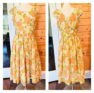 Vintage 1950s Sun Dress Day Dress Full Skirt Fit Flare Orange  Green Flowers B38 • $39.99