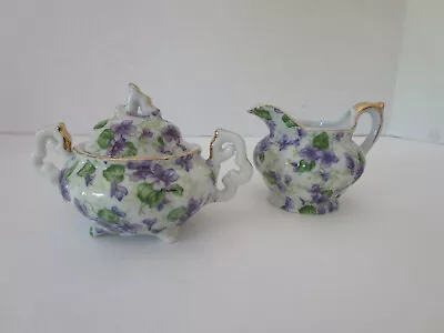 Vtg Lefton China Small Creamer/Sugar Bowl Hand Painted Violets Gold Trim 794V • $11.97