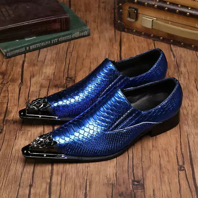 Mens Pointed Toe Snake Pattern Formal Dress Nightclub Punk Metal Leather Shoes • £92.39