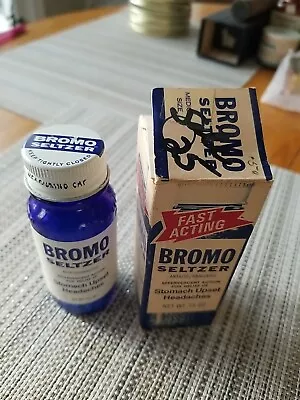 Vintage Bromo Seltzer Antacid / Analgesic  Blue Bottle With Cap Label Box • $19.99
