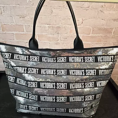 Victoria's Secret Sequin Bling Silver Black Canvas Tote Weekender Bag Gym Travel • $14.99