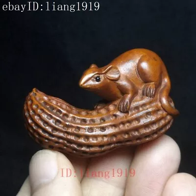 Japanese Boxwood Hand Carved Mouse And Peanut Figure Statue Netsuke Decoration • £23.99