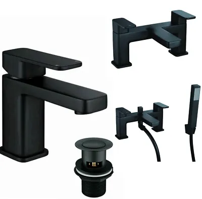 £44.95 • Buy Bathroom Modern Square Black Basin Sink Mono Square Mixer Tap Filler Waste