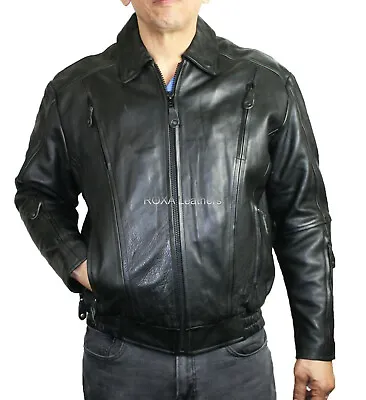 Classic Men's Genuine Cowhide Real Leather Jacket Biker Black Cow Coat Collared • $115.19