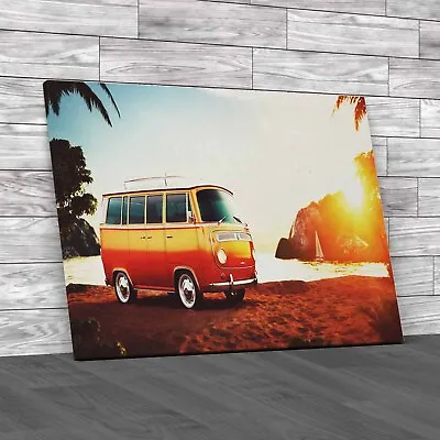 Retro Camper Van On Beach At Sunset Unique Canvas Print Large Picture Wall Art • £18.95