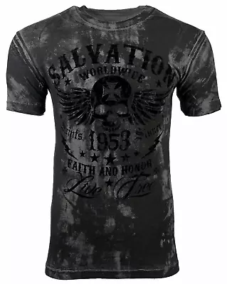 ARCHAIC Affliction Men's T-Shirt BLACK TIDE Skull Black Tattoo Biker MMA • $25.95