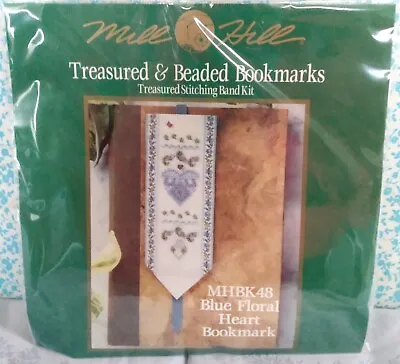 OOP Mill Hill Treasured & Beaded Bookmarks Blue Floral Heart Stitched Glass Bead • $49.95