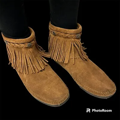 Minnetonka 293 MOCCASIN Brown Suede CONCHO Leather FRINGE Ankle Boots BOOTIES 7 • £67.45