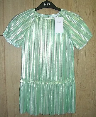 Marks & Spencer Girls Metallic Green Pleated Party Dress Age 7-8 128 New RRP£28 • £14.99