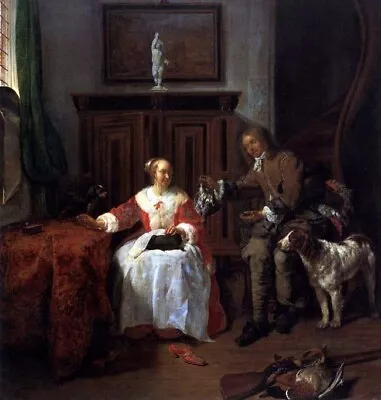 Dream-art Oil Painting Gabriel-Metsu-The-Hunter's-Gift Man Woman Dog Landscape • $105.29