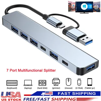 7 Port USB 2.0 3.0 Hub Concentrator USB-C Multi Adapter Multi-Hub Dock Splitter • $12.99