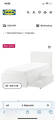 IKEA MALM Single Bed White With Under Bed Drawers And Mattress From Bensons. • £80