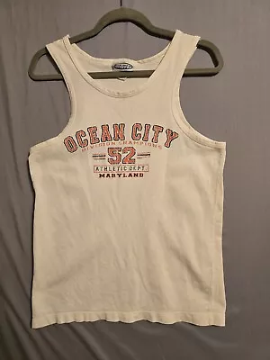 Vtg Blue Ocean Ribbed Tank Top Mens Medium Ocean City MD Graphic White Orange  • $16.99