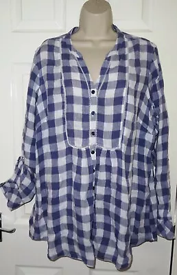 Womens🦋MARKS&SPENCER🦋navy Mix Checked 100%linen Longline Top Blouse Size 22 • £6.50