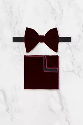 Burgundy Red Oversized Velvet Bow Tie & Pocket Square Set • $37.33