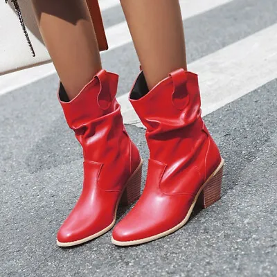 Women Vintage Pull On Ankle Boots Block High Heels Pointy Toe Combat Casual Shoe • $79.78