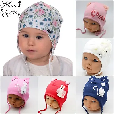 NEW Girls Baby Hats Cute Cotton Stretchy Beanie Lace Up Newborn Infant Spring • £6.99